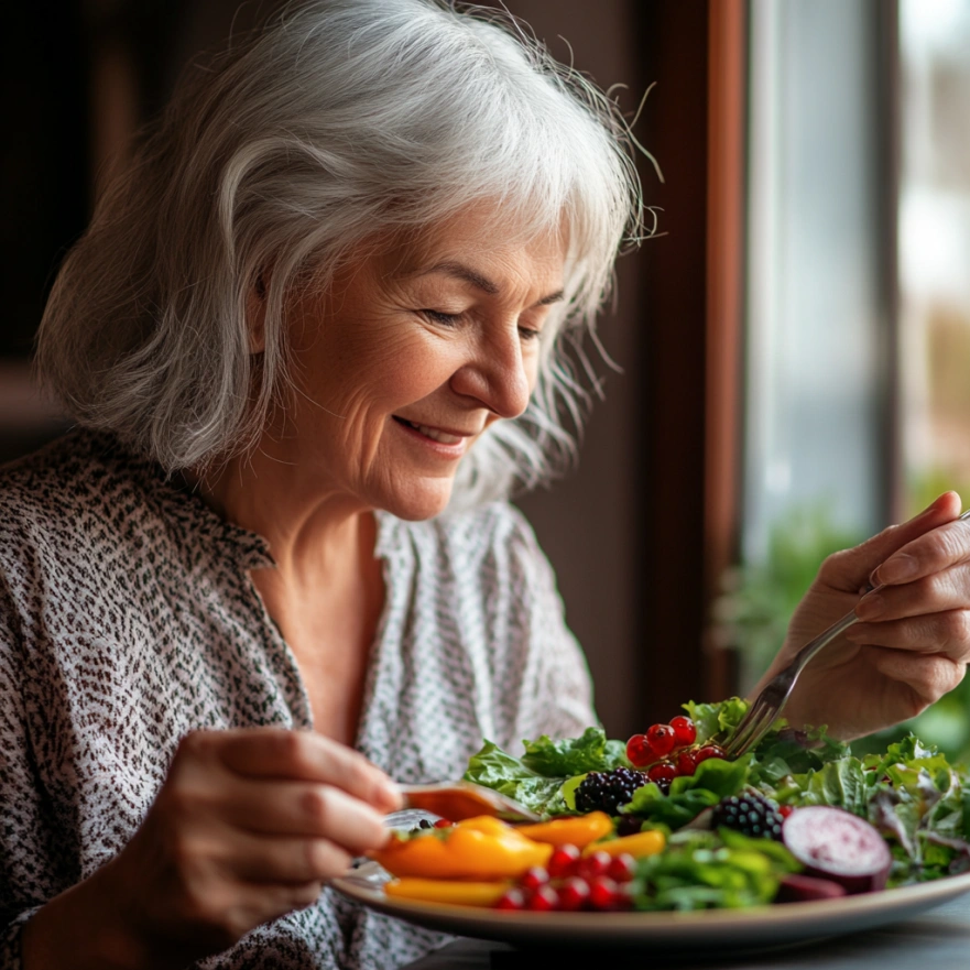 Щаслива пенсіонерка насолоджується здоровим харчуванням